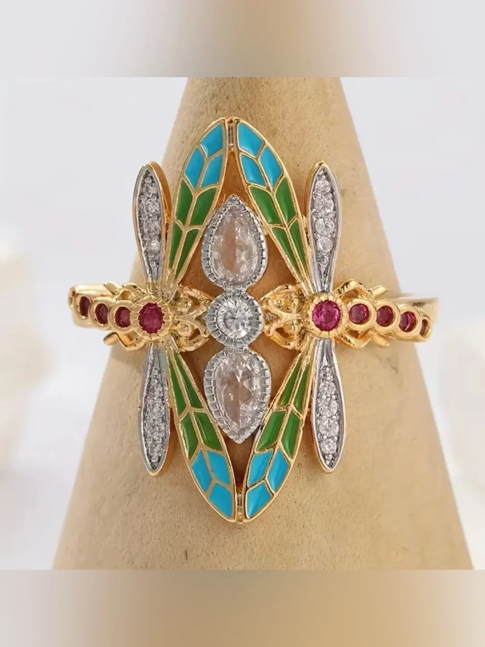 NEW! Vintage Style dragonfly Multicolor Enamel & Crystal Statement Ring